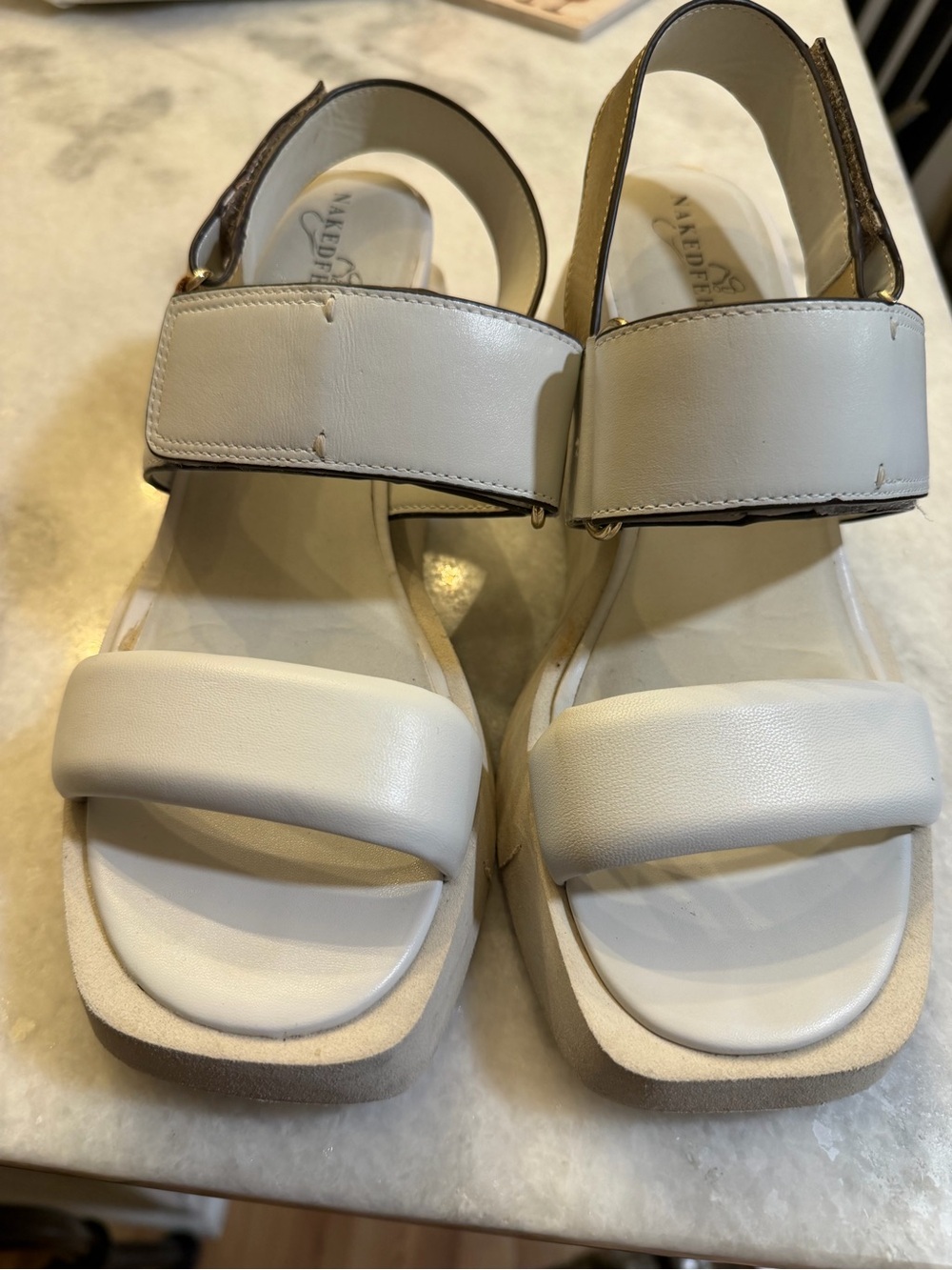 Nakedfeet Cream White Gold Accents Leather Platform Sandals
